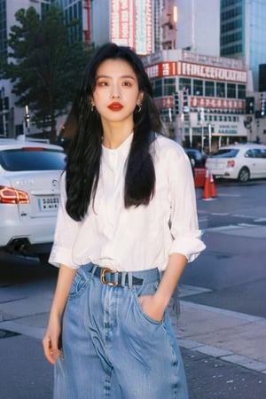 1girl, long hair, multiple girls, skirt, shirt, black hair, holding, jewelry, standing, white shirt, earrings, outdoors, parted lips, solo focus, belt, pants, necklace, denim, jeans, realistic, red lips,Young beauty spirit 