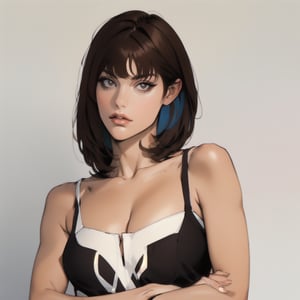 Medium-brown haired girl with short hair and bangs, gazing directly at the viewer. Her multicolored locks feature a striking two-tone design, with a subtle gradient effect. Her upper body is centered in frame, showcasing her medium-sized breasts and cleavage. She crosses her arms over her chest, drawing attention to her full lips. The simple background allows her unique hairstyle and captivating gaze to take center stage.