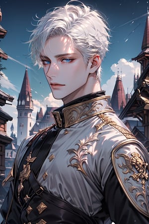 Highly detailed, High Quality, Masterpiece, Beutiful, (Medium long shot) ,anime,1guy, handsome, perfect eyes, perfect nose, standing, castle background, basic prince royal clothes, best quality, white hair, white skin, blue eyes, fantasy, gojo satoru