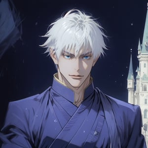 Gojo Satoru stands tall in a majestic pose, his full-body figure filling the frame. He wears regal attire with a basic king's robe, fit for royalty. His white hair shines like snowflakes, contrasting his porcelain-white skin. Intense blue eyes gaze directly at the viewer, captivating attention. A stunning castle looms behind him, with a sky blue and black background that complements his dashing good looks. The overall atmosphere is one of grandeur, as if Gojo Satoru is the epitome of chivalry and nobility.