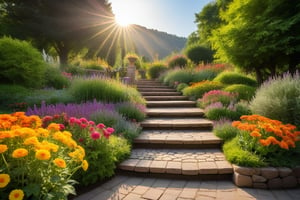 sunflower field, mountains, sunshine, lights, sky, garden, The image shows a well-kept garden surrounded by a wooden structure, possibly an ornamental vegetable garden. There is an open iron gate with decorative details, which gives access to a stone path and a staircase made of natural stones that leads to a higher area of ​​the garden. Alongside the path, there is a flowerbed full of vibrant flowers in shades of orange, pink, yellow and purple, which create a harmonious contrast with the green foliage in the background.

Near the top of the staircase, a white statue, possibly of an angel, is positioned, adding a decorative and spiritual touch to the landscape. The environment seems surrounded by shrubs and trees, which gives a sense of privacy and connection with nature.

The overall atmosphere is serene and welcoming, ideal for those seeking relaxation amidst the natural beauty of a flower garden.,more detail XL