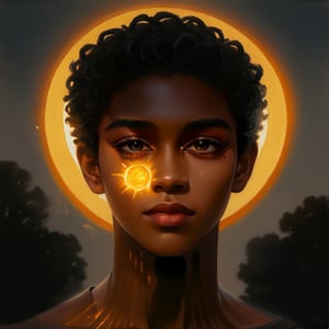1boy, young 19 years, african_prince, mature_face, dark_skin, afro, handsome, sun, boy, epic, solo, mastetpiece, a human touching the sun, light, Fechin, oil painting, IMPRESSIONISM, pretty boy, insanevoid, glowing eyes, extra eyes, horror \(theme\),portrait