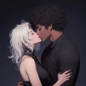 A tender moment captured on a warm summer evening. A beautiful girl with short hair gazes up at an Afro boy with luscious black locks, their faces inches apart as they share a passionate French kiss. The hetero couple's closed eyes convey their surrender to the intimacy. The dark-skinned male's smooth dark skin glistens in the soft light. He wears a simple shirt that complements her features. His strong hands cradle her head, showcasing his affection.