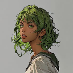 solo-female, looking at viewer, short hair, simple background, shirt, school uniform, green eyes, white shirt, upper body, parted lips, green hair, serafuku, dark skin, sailor collar, grey background, from side, dark-skinned female, lips