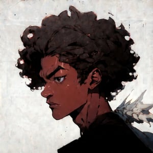 masterpiece, best quality, detail, sole_boy, brown_skin, handsome, harmony, mewing, definided jaw, sharp well-contoured jawline, symmetrical, cheekbones, dark skinned, black eyes, face, eyes almond-shaped, afro nose straight proportionate, Cupid's bow on the upper lip, lips are full and well-defined, mouth, groomed eyebrows, black hair