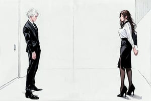 two different sketches of a guy with a woman wearing a dress, business suit, 1girl, suit, 1boy, white hair, long hair, formal, skirt, brown hair, pantyhose, black footwear, shirt, black skirt, white shirt, high heels, white background, 