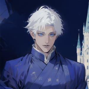 masterpiece, best quality, full detailed,1man, gojo satoru, full body, eyes, nose, stand, sky blue black backgorund, castle, basic king royal clothes, best quality, white hair, white skin, blue eyes, handsome