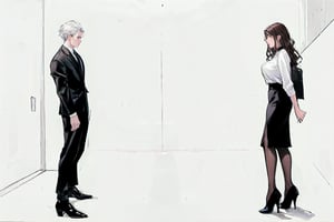 two different sketches of a guy with a woman wearing a dress, business suit, 1girl, suit, 1boy, white hair, long hair, formal, skirt, brown hair, pantyhose, black footwear, shirt, black skirt, white shirt, high heels, white background, 