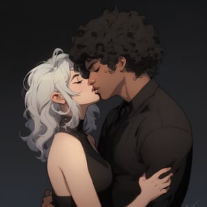 A tender moment captured on a warm summer evening. A beautiful girl with short hair gazes up at an Afro boy with luscious black locks, their faces inches apart as they share a passionate French kiss. The hetero couple's closed eyes convey their surrender to the intimacy. The dark-skinned male's smooth dark skin glistens in the soft light. He wears a simple shirt that complements her features. His strong hands cradle her head, showcasing his affection.