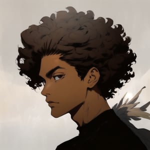 solo, looking at viewer, simple background, brown hair, shirt, black hair, 1boy, brown eyes, closed mouth, male focus, dark skin, black shirt, profile, dark-skinned male, feathers, portrait, curly hair, afro