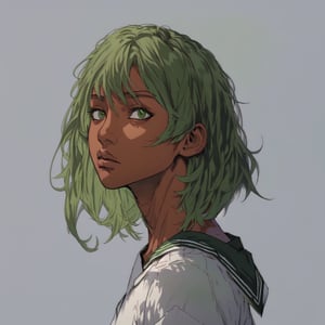 solo-female, looking at viewer, innocent face, short hair, simple background, shirt, school uniform, green eyes, white shirt, upper body, parted lips, green hair, serafuku, dark skin, sailor collar, grey background, from side, dark-skinned female, lips