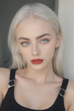 FilmGirl, 1woman, young 25 years old, sexy, mature face, white_eyebrows, white_skin, white_hair, red_lips, aqua_eyes, beatiful eyes, pretty eyes, perfect_eyes, sexy eyebrows, simple clothes, white_shirt, black_pants, YaelShelbia, background is a school