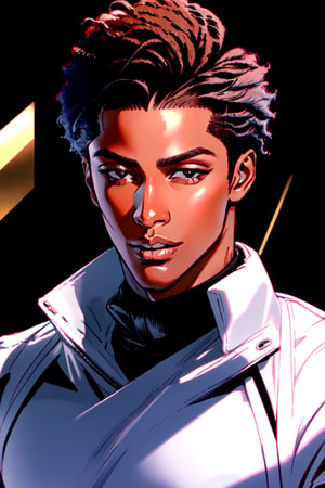 masterpiece, best quality, detail, sole_male, brown_skin, face, turtleneck, handsome, harmony, mewing, definided jaw, sharp well-contoured jawline, symmetrical, cheekbones, dark skinned, black eyes, face, eyes almond-shaped, afro nose straight proportionate, black hair,1boy,dark-skinned female