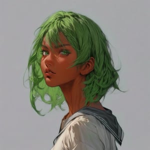 solo-female, looking at viewer, innocent face, short hair, simple background, shirt, school uniform, green eyes, white shirt, upper body, parted lips, green hair, serafuku, dark skin, sailor collar, grey background, from side, dark-skinned female, lips