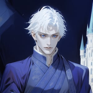 A majestic masterpiece of a scene: Gojo Satoru stands tall in front of a medieval castle, set against a breathtaking sky-blue backdrop with subtle hints of darkness. He wears the finest royal attire, complete with intricate details and a majestic cape flowing behind him. His striking features include piercing blue eyes, a regal nose, and a chiseled jawline framed by his gleaming white hair and pale skin. The overall effect is one of breathtaking beauty, as if plucked straight from a Renaissance masterpiece.