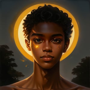 1boy, young 19 years, african_prince, dark_skin, afro, handsome, sun, boy, definided_jaw, mewing, epic, solo, mastetpiece, a human touching the sun, light, Fechin, oil painting, IMPRESSIONISM, pretty boy, insanevoid, glowing eyes, extra eyes, horror \(theme\),portrait