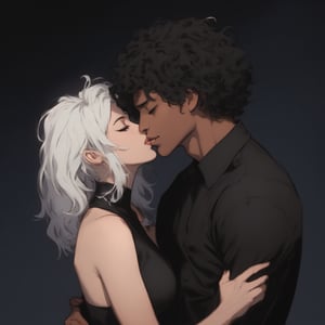 A tender moment captured on a warm summer evening. A beautiful girl with short hair gazes up at an Afro boy with luscious black locks, their faces inches apart as they share a passionate French kiss. The hetero couple's closed eyes convey their surrender to the intimacy. The dark-skinned male's smooth dark skin glistens in the soft light. He wears a simple shirt that complements her features. His strong hands cradle her head, showcasing his affection.