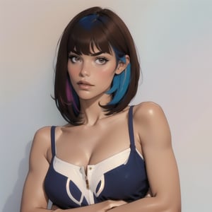 1girl, solo,, looking at viewer, short hair, bangs, simple background, brown hair, cleavage, blue hair, upper body, multicolored hair, medium hair, two-tone hair, lips, crossed arms, realistic