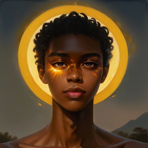 1boy, young 19 years, african_prince, dark_skin, afro, handsome, sun, boy, definided_jaw, mewing, epic, solo, mastetpiece, a human touching the sun, light, Fechin, oil painting, IMPRESSIONISM, pretty boy, insanevoid, glowing eyes, extra eyes, horror \(theme\)