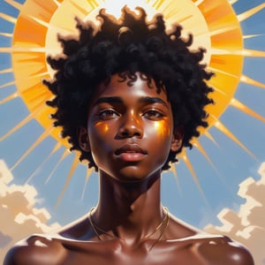 1boy, young 19 years, african_prince, dark_skin, afro, handsome, sun, boy, epic, solo, mastetpiece, a human touching the sun, light, Fechin, oil painting, IMPRESSIONISM, pretty boy, insanevoid, glowing eyes, extra eyes, horror \(theme\)