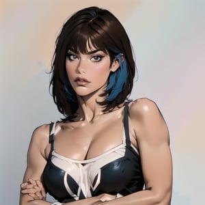 1girl, solo,, looking at viewer, short hair, bangs, simple background, brown hair, cleavage, blue hair, upper body, multicolored hair, medium hair, two-tone hair, lips, crossed arms, realistic