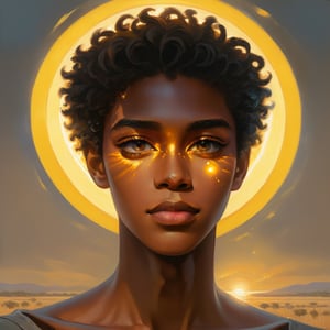 1boy, young 19 years, african_prince, mature_face, dark_skin, afro, handsome, sun, boy, epic, solo, mastetpiece, a human touching the sun, light, Fechin, oil painting, IMPRESSIONISM, pretty boy, insanevoid, glowing eyes, extra eyes, theme\)