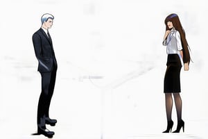 two different sketches of a guy with a woman wearing a dress, business suit, 1girl, suit, 1boy, white hair, long hair, formal, skirt, brown hair, pantyhose, black footwear, shirt, black skirt, white shirt, high heels, white background, 