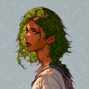 solo-female, looking at left diagonal up, short hair, simple background, shirt, school uniform, green eyes, white shirt, upper body, parted lips, green hair, serafuku, dark skin, sailor collar, grey background, from side, dark-skinned female, lips