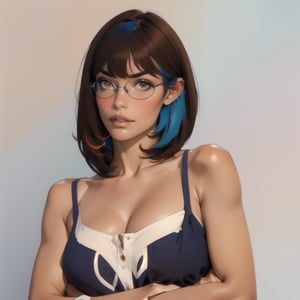 1girl, solo, glasses, looking at viewer, short hair, bangs, simple background, brown hair, cleavage, blue hair, upper body, multicolored hair, medium hair, two-tone hair, lips, crossed arms, realistic