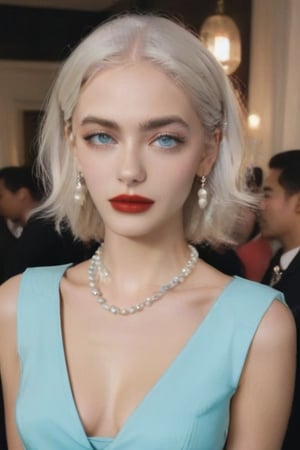 (masterpiece) (Full HD), FilmGirl, 1woman, young 25 years old, sexy, mature face, white_eyebrows, white_skin, white_hair, red_lips, aqua_eyes, black dress, shorts sleeves, pearl-earrings, pearl-colar, background is gala event,YaelShelbia