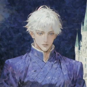 masterpiece, best quality, full detailed,1boy, gojo satoru, full body, eyes, nose, stand, sky blue black backgorund, castle, basic prince royal clothes, best quality, white hair, white skin, blue eyes,boy