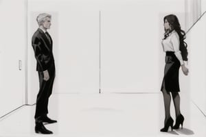 two different sketches of a guy with a woman wearing a dress, business suit, 1girl, suit, 1boy, white hair, long hair, formal, skirt, brown hair, pantyhose, black footwear, shirt, black skirt, white shirt, high heels, white background, 