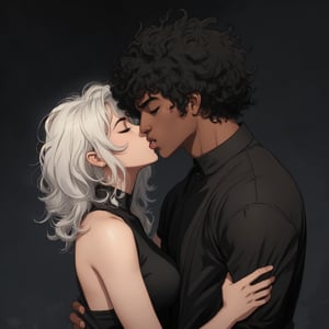 1girl, 1afroboy, kiss, hetero, closed eyes, short hair, dark-skinned male, dark skin, shirt, black afro hair