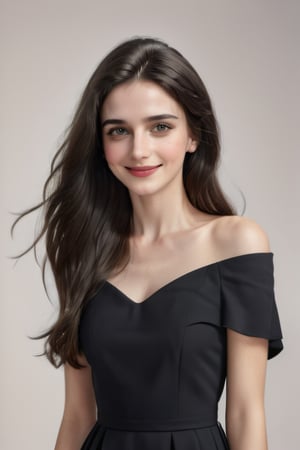 (masterpiece) (Full hd) (Photo), (realistic) 1women, female, Young 20 years old, torso, French, white_skin, brown_eyes, black hair, long hair, black_dress, lika solt, pretty, beauty, simple_background, smiling
