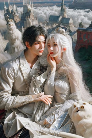 masterpiece, best quality, 1boy, wolf hair, white hair, white skin, handsome, prince clothes, 1girl, black hair, long hair, pretty, princess clothes, background is a big castle, sky, sunshine,more detail ,