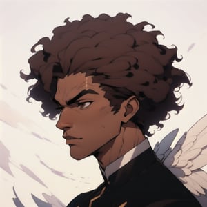 masterpiece, best quality, detail, sole_male, brown_skin, handsome, harmony, mewing, definided jaw, sharp well-contoured jawline, symmetrical, cheekbones, dark skinned, black eyes, face, eyes almond-shaped, afro nose straight proportionate, Cupid's bow on the upper lip, lips are full and well-defined, mouth, groomed eyebrows, black hair,1boy