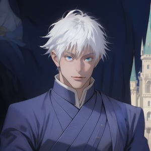 masterpiece, best quality, full detailed,1man, gojo satoru, full body, eyes, nose, stand, sky blue black backgorund, castle, basic king royal clothes, best quality, white hair, white skin, blue eyes, handsome