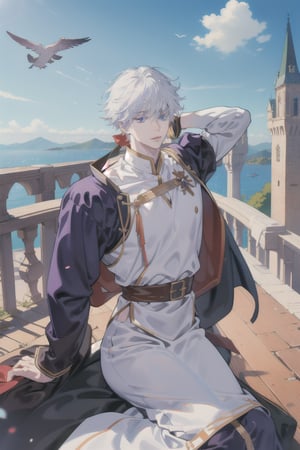 Highly detailed, High Quality, Masterpiece, Beutiful, (Medium long shot) ,anime,1boy, handsome, full body, perfect eyes, perfect nose, stand, castle background, basic prince royal clothes, best quality, white hair, white skin, blue eyes,fantasy