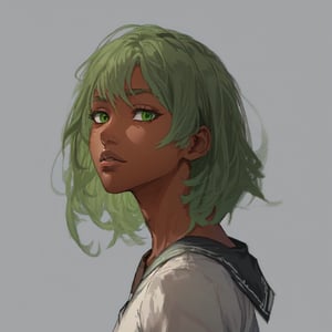 solo-female, looking at viewer, innocent face, short hair, simple background, shirt, school uniform, green eyes, white shirt, upper body, parted lips, green hair, serafuku, dark skin, sailor collar, grey background, from side, dark-skinned female, lips