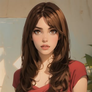 1girl, solo, eyes, nose, long hair, looking at viewer, brown hair, shirt, brown eyes, midriff, lips, top, realistic