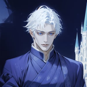 masterpiece, best quality, full detailed,1man, gojo satoru, full body, eyes, nose, stand, sky blue black backgorund, castle, basic king royal clothes, best quality, white hair, white skin, blue eyes, handsome