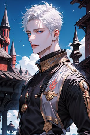 Highly detailed, High Quality, Masterpiece, Beutiful, (Medium long shot) ,anime,1guy, handsome, perfect eyes, perfect nose, standing, castle background, basic prince royal clothes, best quality, white hair, white skin, blue eyes,fantasy