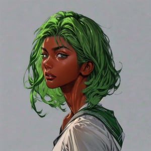 solo-female, looking at viewer, short hair, simple background, shirt, school uniform, green eyes, white shirt, upper body, parted lips, green hair, serafuku, dark skin, sailor collar, grey background, from side, dark-skinned female, lips