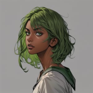 solo-female, looking at viewer, short hair, simple background, shirt, school uniform, green eyes, white shirt, upper body, parted lips, green hair, serafuku, dark skin, sailor collar, grey background, from side, dark-skinned female, lips