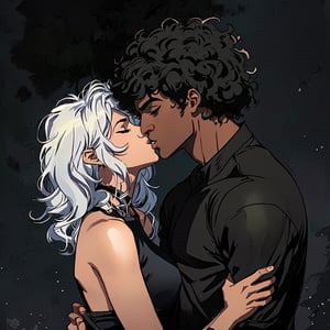 1girl, 1afroboy, french kiss, hetero, closed eyes, short hair, dark-skinned male, dark skin, shirt, black afro hair, better hands