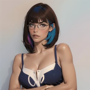 1girl, solo, glasses, looking at viewer, short hair, bangs, simple background, brown hair, cleavage, blue hair, upper body, multicolored hair, medium hair, two-tone hair, lips, crossed arms, realistic