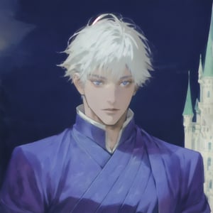 masterpiece, best quality, full detailed,1boy, gojo satoru, full body, eyes, nose, stand, sky blue black backgorund, castle, basic prince royal clothes, best quality, white hair, white skin, blue eyes,boy