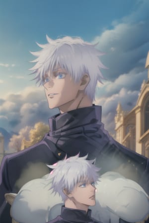masterpiece, best quality, full detailed, 80s anime,1boy, gojo satoru, handsome, full body, perfect eyes, perfect nose, stand, castle background, basic prince royal clothes, best quality, white hair, white skin, blue eyes