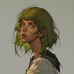 solo-female, looking at left diagonal up, short hair, simple background, shirt, school uniform, green eyes, white shirt, upper body, parted lips, green hair, serafuku, dark skin, sailor collar, grey background, from side, dark-skinned female, lips