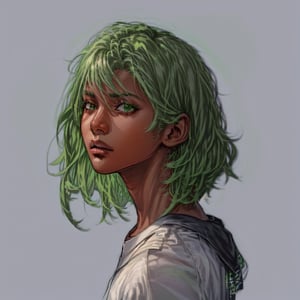 solo-female, looking at viewer, innocent face, short hair, simple background, shirt, school uniform, green eyes, white shirt, upper body, parted lips, green hair, serafuku, dark skin, sailor collar, grey background, from side, dark-skinned female, lips